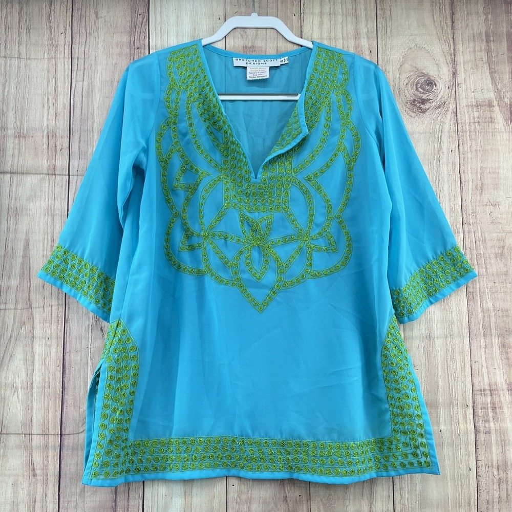 Gretchen Scott Tunic Top Sz S Blue Green Embroidered 3/4 Sleeve Preppy Sheer